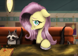 Size: 3290x2381 | Tagged: safe, artist:vinicius040598, fluttershy, raccoon, g4, the saddle row review, diner, food, french fries, hay fries, high res, horseshoes, scene interpretation, sheepish grin