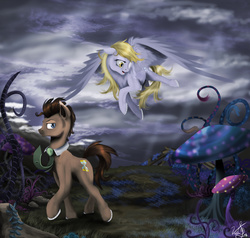 Size: 3323x3159 | Tagged: safe, artist:vinicius040598, derpy hooves, doctor whooves, time turner, earth pony, pegasus, pony, g4, duo, female, flying, giant mushroom, high res, male, mare, mushroom, stallion