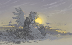 Size: 1280x804 | Tagged: safe, artist:onkelscrut, rainbow dash, g4, armor, eyes closed, female, limited palette, sad, sitting, solo, spread wings, sun, sunset, tired