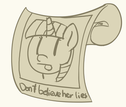 Size: 1280x1085 | Tagged: safe, artist:pabbley, twilight sparkle, pony, g4, :p, don't believe her lies, drawing, exploitable meme, female, lies, mare, meme, memento, monochrome, scroll, simple background, sketch, solo, tongue out, white background