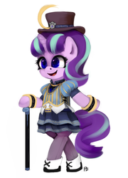 Size: 540x751 | Tagged: safe, artist:pabbley, artist:ptg, starlight glimmer, pony, g4, bipedal, cane, clothes, collaboration, female, hat, open mouth, shoes, smiling, solo, stockings, top hat