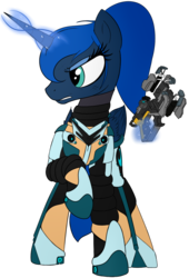 Size: 1360x2000 | Tagged: safe, artist:vinaramic, princess luna, alicorn, pony, g4, clothes, crossover, dead space, female, magic, mare, plasma cutter, raised hoof, simple background, solo, suit, transparent background