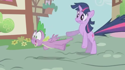 Size: 1920x1080 | Tagged: safe, screencap, spike, twilight sparkle, boast busters, g4, surprised