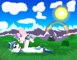 Size: 2750x2125 | Tagged: safe, artist:spellboundcanvas, princess flurry heart, shining armor, g4, absurd file size, baby, diaper, father and daughter, father's day, field, high res, mountain, rainbow, sun