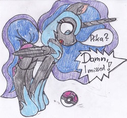 Size: 2445x2278 | Tagged: safe, artist:cuddlelamb, nightmare moon, g4, :o, confused, cute, high res, looking down, master ball, open mouth, poké ball, pokémon, traditional art, wide eyes