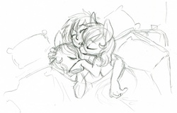 Size: 2321x1483 | Tagged: artist needed, safe, oc, oc only, human, human on pony snuggling, monochrome, sketch, snuggling