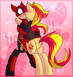 Size: 1479x1567 | Tagged: safe, artist:woogiegirl, sunset shimmer, pony, unicorn, g4, clothes, costume, crossover, crossover shipping, deadpool, jacket, kissing, ponified, shipping, wade wilson, watermark