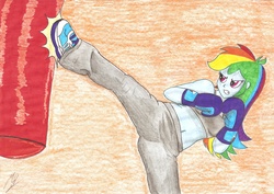 Size: 3490x2474 | Tagged: dead source, safe, artist:metaldudepl666, rainbow dash, equestria girls, g4, belly button, boxing gloves, clothes, female, high res, kickboxing, kicking, punching bag, sneakers, solo, sports bra, traditional art