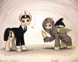 Size: 1328x1064 | Tagged: safe, artist:thefriendlyelephant, oc, oc only, oc:doctor nevermore, oc:zugzwang, bird, pony, raven (bird), unicorn, antagonist, chess piece, cigarette, cloak, clothes, commission, duo, evil, glare, gritted teeth, hoof hold, levitation, looking at you, magic, moustache, smoke, smoking, suit, syringe, telekinesis, traditional art