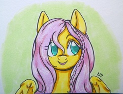 Size: 1687x1288 | Tagged: safe, artist:unluckyxse7en, fluttershy, g4, alternate hairstyle, braid, bust, female, looking away, portrait, smiling, solo, traditional art