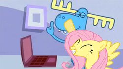 Size: 958x537 | Tagged: safe, fluttershy, fall weather friends, g4, 1000 years in photoshop, computer, happy tree friends, lumpshy, lumpy (happy tree friends), shipping, this will end in death, this will end in tears