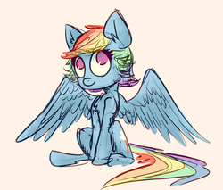Size: 1747x1486 | Tagged: dead source, safe, artist:nobody, rainbow dash, pegasus, pony, g4, alternate hairstyle, chest fluff, female, mare, simple background, sitting, solo, spread wings