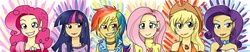 Size: 3000x625 | Tagged: safe, artist:phishritzy, applejack, fluttershy, pinkie pie, rainbow dash, rarity, twilight sparkle, human, g4, humanized, no nose