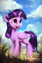 Size: 800x1200 | Tagged: safe, artist:assasinmonkey, part of a set, twilight sparkle, alicorn, pony, g4, cute, female, folded wings, grass, horn, looking up, mare, messy mane, open mouth, open smile, outdoors, smiling, solo, twiabetes, twilight sparkle (alicorn), wings