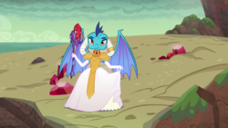 Size: 1024x576 | Tagged: safe, artist:queencold, edit, princess ember, dragon, g4, gauntlet of fire, spoiler:comic, beach, bloodstone scepter, clothes, dragon lord ember, dragoness, dress, female, gown, jewelry, petticoat, playing with dress, smiling, solo, teenaged dragon, water, wedding dress, wedding veil