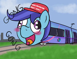 Size: 1580x1200 | Tagged: safe, artist:goldenpansy, oc, oc only, oc:sierra nightingale, original species, train pony, blushing, derp, inanimate tf, make america great again, not salmon, open mouth, smiling, solo, tongue out, train, trainified, tram, transformation, wat, what has science done