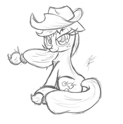 Size: 1813x1829 | Tagged: safe, artist:leadhooves, applejack, earth pony, pony, g4, applejack's hat, cowboy hat, female, grayscale, hat, mare, monochrome, simple background, sitting, solo, traditional art