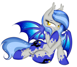 Size: 1024x890 | Tagged: safe, artist:joey darkmeat, artist:pvrii, oc, oc only, oc:midnight radiance, bat pony, pony, base used, bat pony oc, bat wings, bedroom eyes, blushing, both cutie marks, chest fluff, draw me like one of your french girls, female, looking at you, mare, simple background, sitting, smiling, smiling at you, solo, spread wings, sultry pose, transparent background, watermark, wide hips, wings