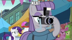 Size: 800x449 | Tagged: safe, maud pie, rarity, g4, the gift of the maud pie, camera, futurama, image macro, male, meme, neat, scepter, twilight scepter