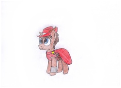 Size: 2338x1700 | Tagged: safe, artist:peternators, oc, oc only, oc:heroic armour, pony, unicorn, cape, clothes, colt, feather, hat, male, solo, sword, traditional art, weapon, wooden sword, younger