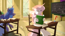 Size: 1920x1080 | Tagged: safe, artist:lunarcakez, princess celestia, princess luna, alicorn, pony, g4, :p, book, cartographer's cap, cewestia, classroom, crepuscular rays, cute, desk, eyes closed, fancy mathematics, female, filly, filly celestia, filly luna, hat, math, paper airplane, pink-mane celestia, reading, tongue out, woona, younger