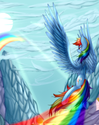 Size: 2413x3037 | Tagged: safe, artist:midfire, rainbow dash, pegasus, pony, g4, female, flying, high res, large wings, rainbow trail, solo, wings