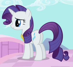 Size: 469x434 | Tagged: safe, screencap, rarity, pony, unicorn, g4, secret of my excess, bridge, butt, cropped, cute, female, grin, implied spike, mare, plot, raribetes, smiling, solo