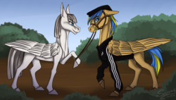 Size: 2752x1559 | Tagged: safe, alternate version, artist:sunny way, oc, oc only, oc:chrome berry, oc:rack redstar, pony, rcf community, adidas, bridle, cheeki breeki, female, flat cap, forest, gopnik, harness, hat, male, mare, nudity, sheath, simple background, stallion, tracksuit