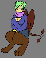 Size: 702x880 | Tagged: safe, artist:/d/non, oc, oc only, oc:jade, griffon, satyr, boob window, breasts, cleavage, clothes, female, keyhole turtleneck, offspring, parent:greta, scarf, skirt, solo, sweater, turtleneck