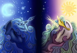 Size: 3426x2384 | Tagged: safe, artist:ellen124, princess celestia, princess luna, alicorn, pony, g4, eyes closed, high res, magic, moon, sun, twilight (astronomy)