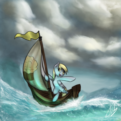 Size: 1000x1000 | Tagged: safe, artist:xxmarkingxx, derpy hooves, pegasus, pony, g4, boat, bubble, cloud, female, mare, ocean, solo, water, wave