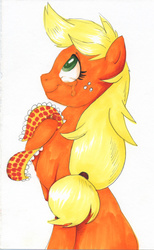 Size: 1676x2713 | Tagged: dead source, safe, artist:frozensoulpony, applejack, earth pony, pony, g4, clothes, crying, female, implied death, implied granny smith, mare, missing accessory, shawl, simple background, solo, teary eyes, traditional art