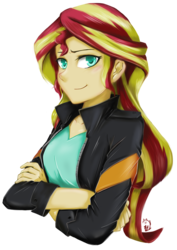 Size: 720x1015 | Tagged: safe, artist:aka-ryuga, sunset shimmer, equestria girls, g4, clothes, crossed arms, cute, female, leather jacket, shimmerbetes, simple background, smirk, solo, transparent background