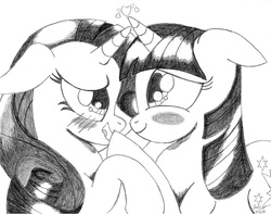 Size: 1006x794 | Tagged: safe, artist:mark-terron, rarity, twilight sparkle, g4, female, lesbian, monochrome, ship:rarilight, shipping