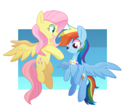 Size: 2933x2613 | Tagged: safe, artist:yaco, fluttershy, rainbow dash, g4, blushing, female, flying, high res, lesbian, ship:flutterdash, shipping, wreath