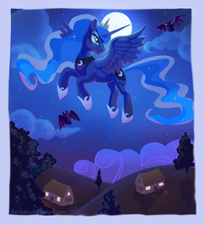 Size: 1500x1649 | Tagged: safe, artist:the-hare, princess luna, bat, g4, female, flying, moon, night, solo, stars