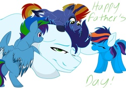 Size: 1024x715 | Tagged: safe, artist:colourstrike, soarin', oc, oc:glider, oc:hurricane, oc:storm, pegasus, pony, g4, colored wings, colored wingtips, daddy soarin', ear bite, father's day, offspring, parent:rainbow dash, parent:soarin', parents:soarindash, prone