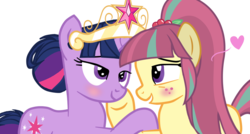 Size: 1024x550 | Tagged: safe, artist:hannaspeert123, sour sweet, twilight sparkle, equestria girls, g4, alternate universe, blushing, equestria girls ponified, female, lesbian, ponified, shipping, sourlight