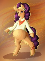 Size: 945x1280 | Tagged: safe, artist:symplefable, saffron masala, pony, g4, spice up your life, belly, bipedal, female, pregnant, solo