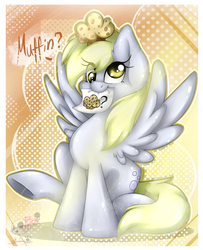 Size: 1800x2212 | Tagged: safe, artist:bloody-pink, derpy hooves, pegasus, pony, g4, cute, derpabetes, female, food, mare, mouth hold, muffin, sign, solo