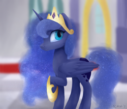 Size: 1889x1615 | Tagged: dead source, safe, artist:prominity, princess luna, g4, accessory swap, female, lineless, raised hoof, smiling, solo