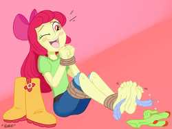 Size: 1024x768 | Tagged: dead source, safe, anonymous artist, artist:chaoskomori, apple bloom, equestria girls, g4, adorabloom, barefoot, blushing, bondage, boots, clothes, colored, cute, feather, feet, female, fetish, foot fetish, foot focus, open mouth, socks, solo, tickle torture, tickling, tied up