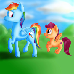 Size: 2000x2000 | Tagged: safe, artist:deltauraart, rainbow dash, scootaloo, g4, cutie mark, high res, open mouth, raised hoof, the cmc's cutie marks