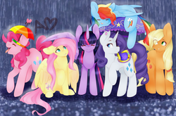 Size: 1024x675 | Tagged: safe, artist:princesstiramichyuu, applejack, fluttershy, pinkie pie, rainbow dash, rarity, twilight sparkle, alicorn, pony, g4, hat, mane six, rain, twilight sparkle (alicorn), umbrella, umbrella hat