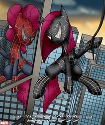 Size: 1728x2048 | Tagged: safe, artist:brab777, pinkie pie, pony, black suit spider-man, crossover, marvel, marvel comics, movie poster, pinkamena diane pie, reflection, spider-man, spider-man 3, spider-mare, symbiote pony, symbiote spider-man