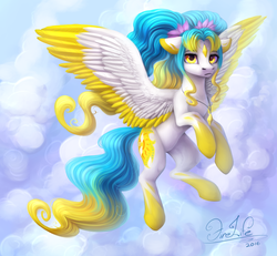 Size: 1300x1200 | Tagged: safe, artist:fenwaru, oc, oc only, oc:faira star, pegasus, pony, cloud, colored ears, colored hooves, colored wings, colored wingtips, female, floppy ears, flying, jewelry, looking at you, mare, necklace, pendant, pigtails, signature, solo, spread wings, twintails, wings