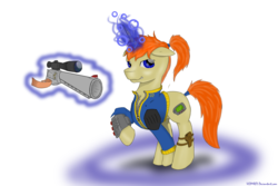 Size: 3000x2000 | Tagged: safe, artist:vldmr07, oc, oc only, oc:littlepip, pony, unicorn, fallout equestria, alternate design, clothes, fanfic, fanfic art, female, glowing horn, gun, handgun, high res, horn, jumpsuit, little macintosh, magic, mare, pipbuck, revolver, simple background, solo, telekinesis, vault suit, weapon, white background