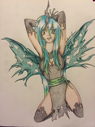 Size: 720x960 | Tagged: safe, artist:bpdmommy, queen chrysalis, human, g4, armpits, clothes, female, gloves, horn, horned humanization, humanized, kneeling, kneesocks, socks, solo, traditional art, tunic, winged humanization