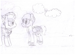 Size: 2338x1700 | Tagged: safe, artist:peternators, spitfire, oc, oc:heroic armour, pegasus, pony, g4, wonderbolts academy, clothes, monochrome, necktie, sketch, species swap, traditional art, unamused, wonderbolts, wonderbolts uniform