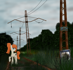 Size: 2028x1959 | Tagged: safe, artist:subway777, oc, oc only, oc:ray muller, abandoned, forest, looking up, power line, railroad, russia